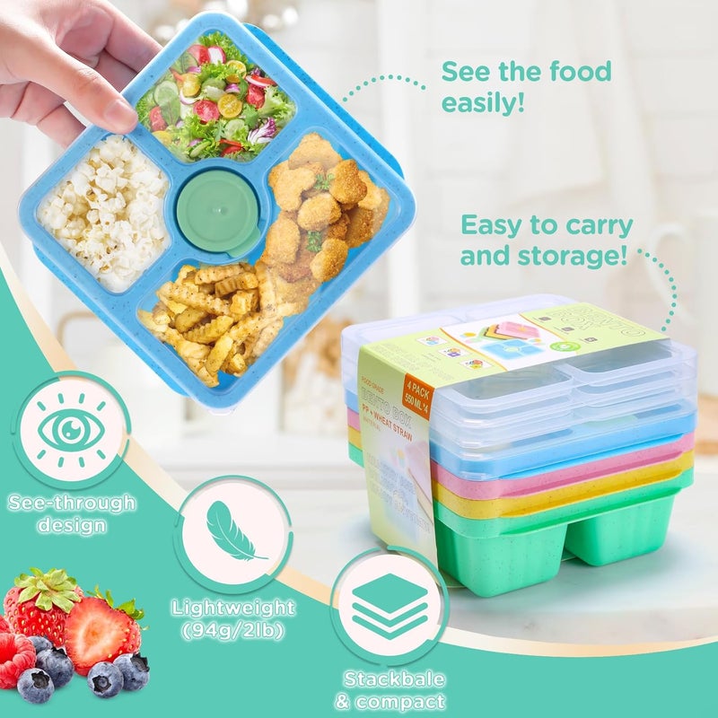 QQKO Bento Snack Box for Adults Kids, Lunchable Meal Prep Container Reusable, 4 Pack Divided Food Storage With Lids, Stackable Lunch Box With Sauce Cups, Pastel - Image 4